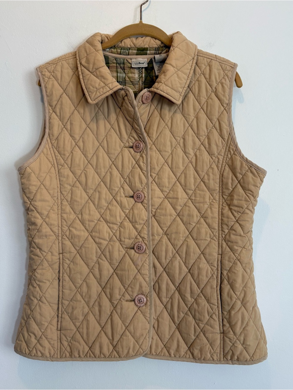 Vintage LL Bean Quilted Vest XL Tan Cotton Plaid Flannel
